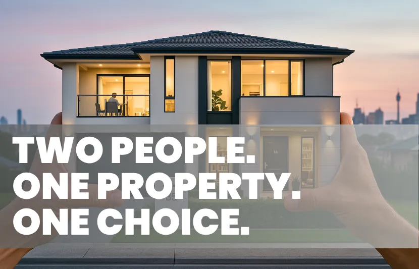Modern two-storey house with large windows glowing warmly at dusk. Two hands frame the house in the foreground as if presenting it. White overlay text reads “Two People. One Property. One Choice.