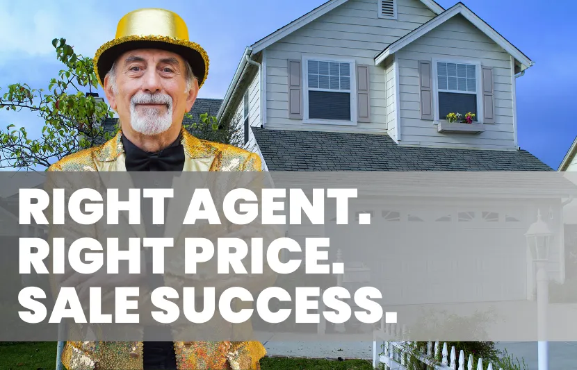 Smiling older man in a gold suit and hat standing in front of a house, with text overlay reading "Right agent. Right price. Sale success." promoting real estate agent selection in Sydney.