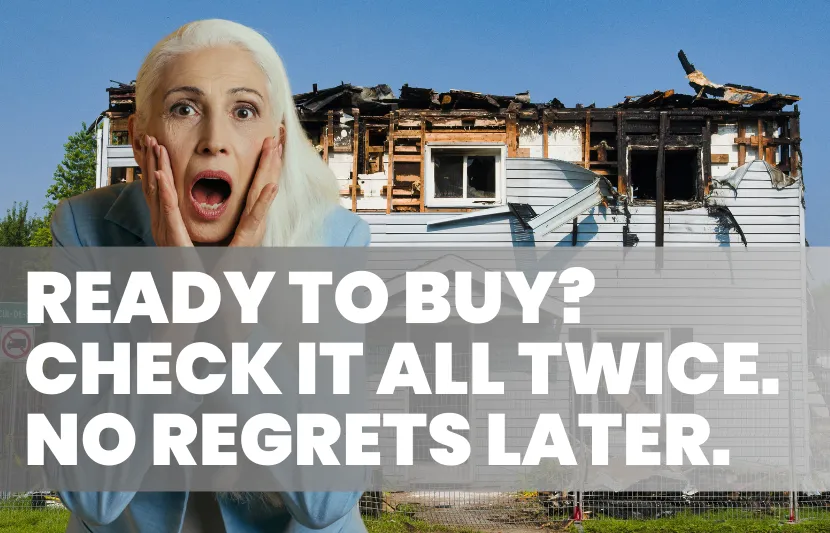 Illustrated checklist for property buyers showing “Before You Sign: Look. Test. Confirm. No regrets later” headline, styled in Titlespace brand design for auction and cooling-off inspections.