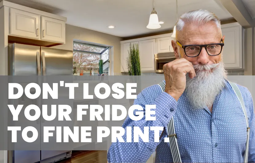 Bearded man in kitchen with bold text overlay: "Don’t lose your fridge to fine print" — Titlespace blog on chattels meaning in property contracts.