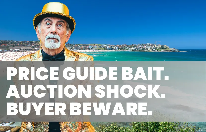 Older man in a sparkling gold jacket and hat standing in front of an image of Bondi beach with bright blue water and coastline in the background. He looks surprised, with wide eyes and raised eyebrows. White overlay text reads “Price Guide Bait. Auction Shock. Buyer Beware.”