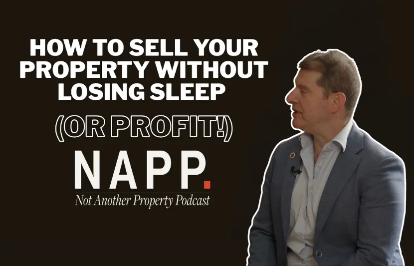 George Koletti speaking on Not Another Property Podcast. Text on image reads: ‘How to Sell Your Property Without Losing Sleep (or Profit!) — NAPP, Not Another Property Podcast.