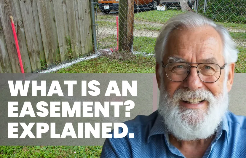 A smiling older man with a white beard and glasses stands in front of a fenced backyard area. The photo includes wooden and chain-link fences with ground markings indicating a property boundary. Overlaid text reads “WHAT IS AN EASEMENT? EXPLAINED.” in bold white letters on a grey background.
